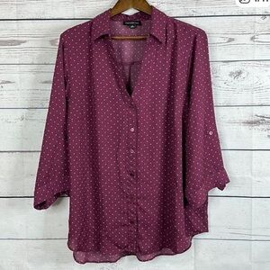 Fortune Ivy Shirt Top Womens 2X Purple Polka dot Blouse Roll Tab Office